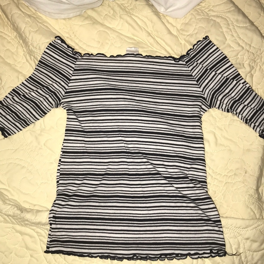 black and white striped off the shoulder top